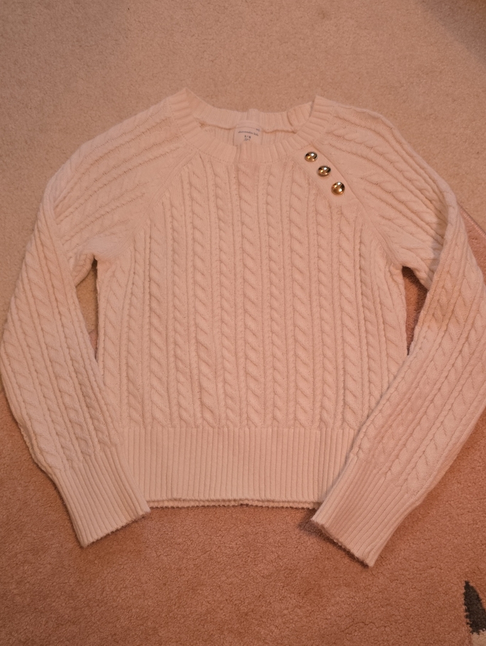 Abercrombie Kids Cable Knit Crewneck Sweater with Button Detail - Cream